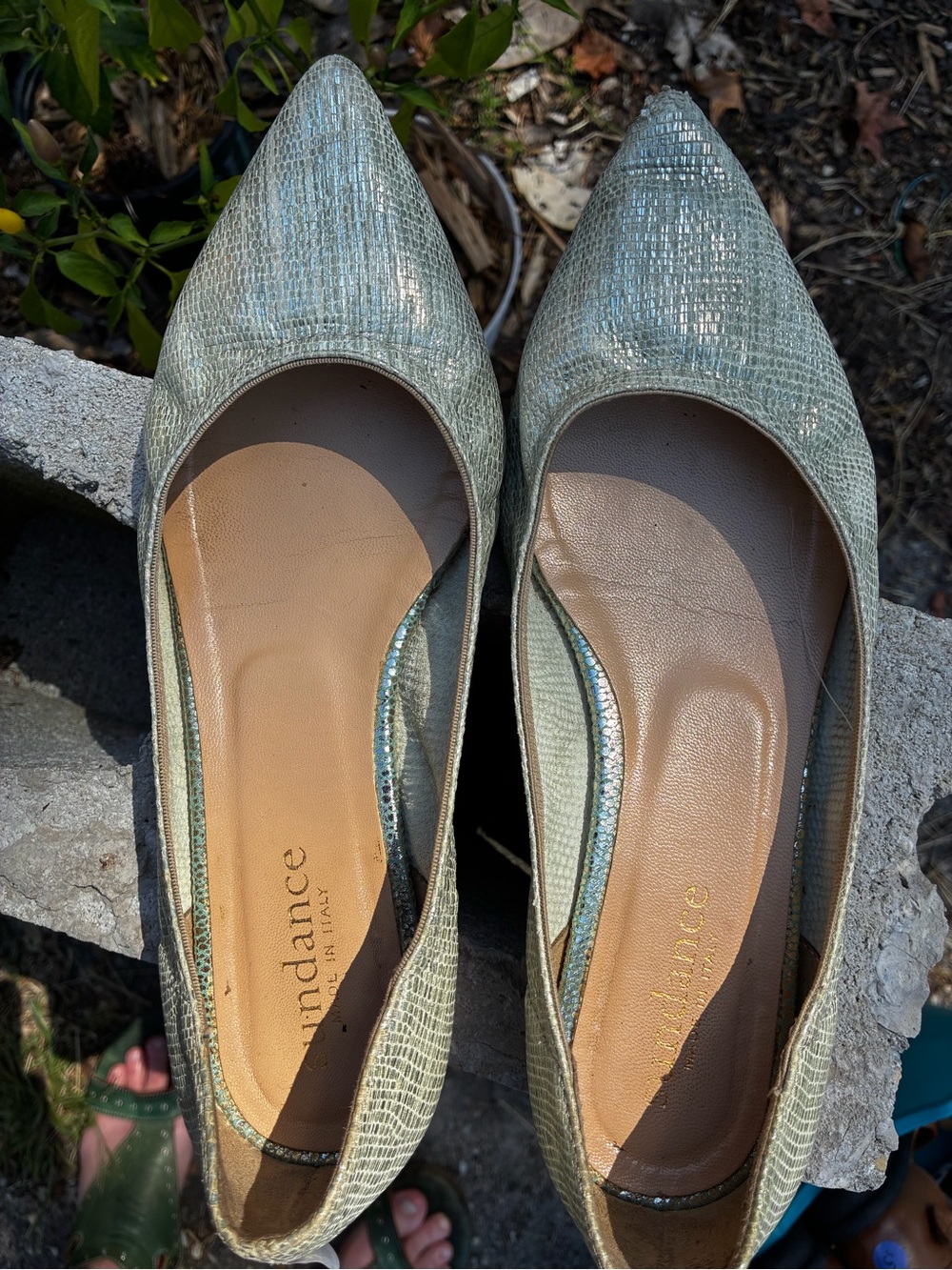 Sundance Pointed-Toe Flats in Pale Green Metallic